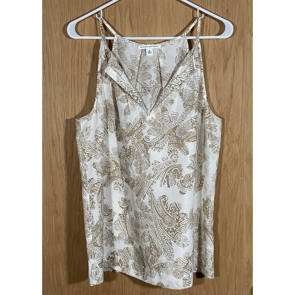 Banana Republic Women's M Silk Top Cream Tan Asian All Over Print Career Office